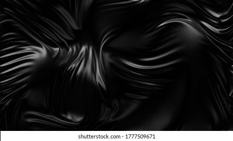 Abstract Black Fabric Background With Ripples And Folds. Black Cloth Texture. Waving Black Cloth Flag. 3d Rendering.