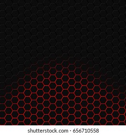 Abstract Black Futuristic Surface Hexagon Pattern With Red Light Rays