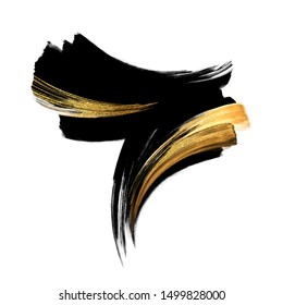 abstract black ink calligraphic shape with golden smear, modern gouache brush strokes, hand painted watercolor clip art isolated on white background, fashion illustration, splashing design element