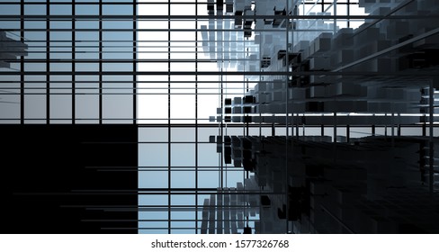 Abstract black  interior from array white and green cubes  with window. 3D illustration and rendering.