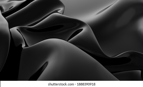 Abstract black latex background.  Smooth black fashion. Dark luxury texture. Black silk, satin. 3d rendering