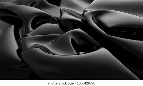 Abstract Black Latex Background.  Smooth Black Fashion. Dark Luxury Texture. Black Silk, Satin. 3d Rendering