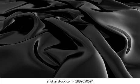 Abstract Black Latex Background.  Smooth Black Fashion. Dark Luxury Texture. Black Silk, Satin. 3d Rendering