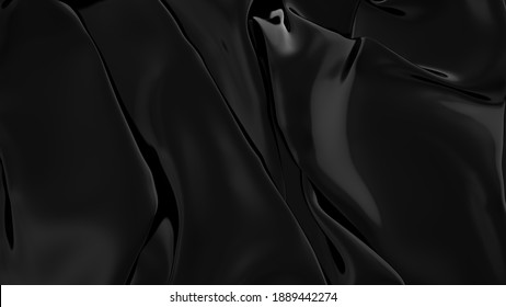 Abstract Black Latex Background.  Smooth Black Fashion. Dark Luxury Texture. Black Silk, Satin. 3d Rendering