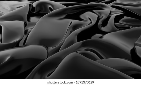 Abstract Black Latex Background.  Smooth Black Fashion. Dark Luxury Texture. Black Silk, Satin. 3d Rendering