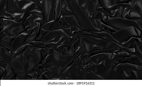 Abstract Black Latex Background.  Smooth Black Fashion. Dark Luxury Texture. Black Silk, Satin. 3d Rendering