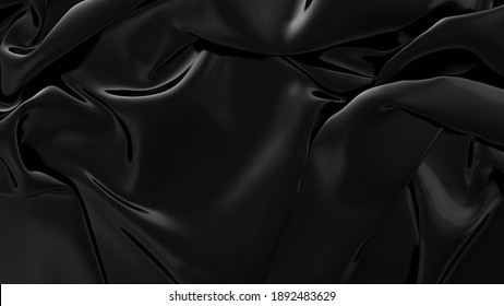 Abstract Black Latex Background.  Smooth Black Fashion. Dark Luxury Texture. Black Silk, Satin. 3d Rendering