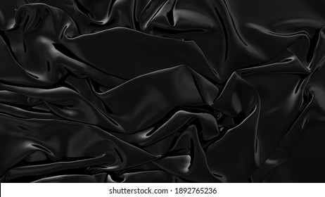 Abstract Black Latex Background.  Smooth Black Fashion. Dark Luxury Texture. Black Silk, Satin. 3d Rendering