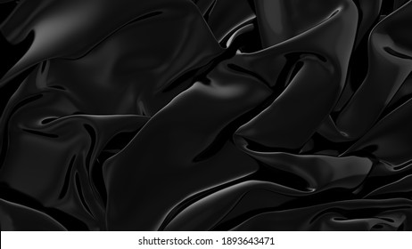 Abstract Black Latex Background.  Smooth Black Fashion. Dark Luxury Texture. Black Silk, Satin. 3d Rendering