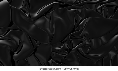 Abstract Black Latex Background.  Smooth Black Fashion. Dark Luxury Texture. Black Silk, Satin. 3d Rendering