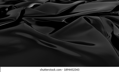 Abstract Black Latex Background.  Smooth Black Fashion. Dark Luxury Texture. Black Silk, Satin. 3d Rendering