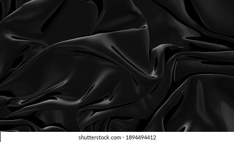 Abstract Black Latex Background.  Smooth Black Fashion. Dark Luxury Texture. Black Silk, Satin. 3d Rendering