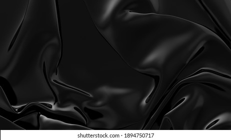 Abstract Black Latex Background.  Smooth Black Fashion. Dark Luxury Texture. Black Silk, Satin. 3d Rendering