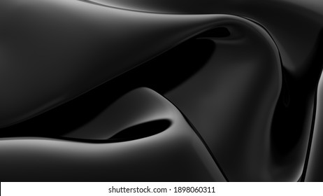 Abstract Black Latex Background.  Smooth Black Fashion. Dark Luxury Texture. Black Silk, Satin. 3d Rendering