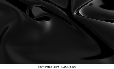 Abstract Black Latex Background.  Smooth Black Fashion. Dark Luxury Texture. Black Silk, Satin. 3d Rendering