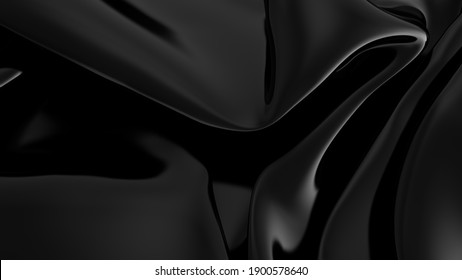 Abstract Black Latex Background.  Smooth Black Fashion. Dark Luxury Texture. Black Silk, Satin. 3d Rendering