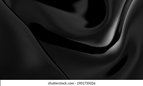 Abstract Black Latex Background.  Smooth Black Fashion. Dark Luxury Texture. Black Silk, Satin. 3d Rendering