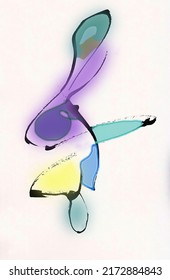 Abstract black lines and colored spots on a white background. Ba