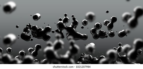 Abstract Black Liquid Drops Background.3d Illustration.Ink Or Fluid Shapes.Science Physics And Chemistry