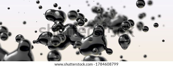 Abstract black liquid drops background.3d illustration.Ink or fluid shapes.Science physics and chemistry
