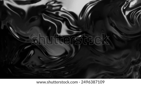 An abstract black liquid texture background featuring smooth, flowing patterns and a glossy finish. The fluid, wavy forms add a modern and sophisticated touch to any visual composition.