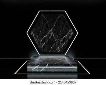 Abstract Black Marble Podium. Square Stage Platform For Product Display Advertising With White Hexagon Frame Background 3D Render