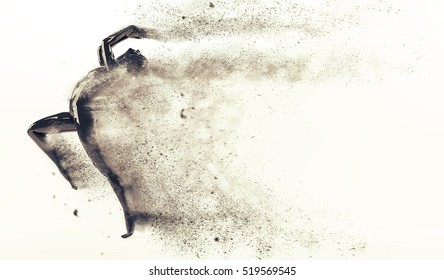 Abstract black plastic human body mannequin figure with scattering particles over white background. Action running and jumping pose. 3D rendering illustration