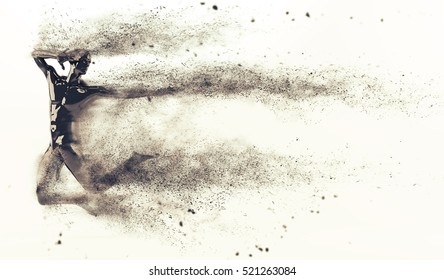 Abstract black plastic human body mannequin figure with scattering particles over white background. Action jumping pose. 3D rendering illustration