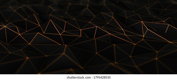 Abstract Black Polygonal Background With Futuristic Orange Light Lines - 3D Illustration