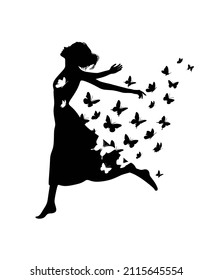 Abstract black silhouette body of girl lady woman in dress flying butterflies aspiring forward profile in position with her hands back.Going to happy dream.Flight of freedom.Female person.DIY cricut