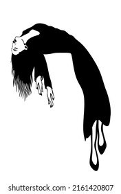 Abstract Black Silhouette Drawing Of Girl Lady Woman In Dress Flying Lying Asleep,closed Eyes.Flight Of Fancy.Clinical Death.The Spirit,soul Exit From The Body.Flight Of Freedom.Female Person. DIY Cut