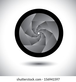 abstract black & white camera shutter with blades. The graphic contains aperture opening of SLR camera with infinite concentric spiral of blades