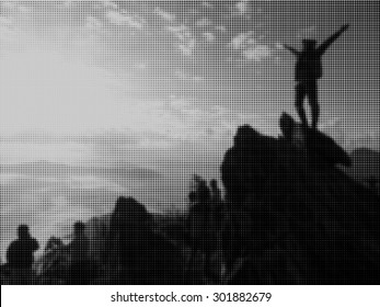Abstract black and white dots background of a woman stand on the top of rock with halftone effect - Shutterstock ID 301882679