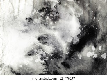 Abstract black and white ink painting on grunge paper texture - artistic stylish background