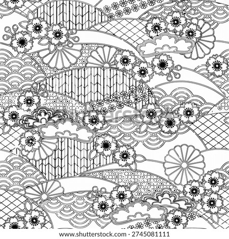 Abstract black and white seamless pattern with flowers and leaves