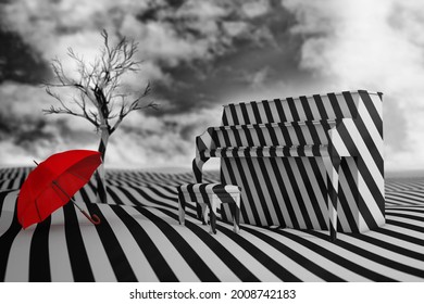 Abstract Black and White Stripped Landscape with Piano, Dead Tree and Contrast Red Umbrella on a Dramatic Sky Background. 3d Rendering
