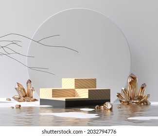 Abstract Black And Wooden Stage Podium Platform For Product Display Showcase With Crystal 3d Rendering