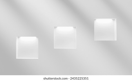 Abstract blank plaster wall background with places of geometrical form for products and design, spotlight Led light, empty podium stage table and display, white clear abstract mock up 3d design, ad