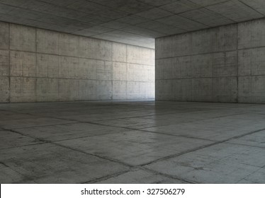 Abstract Blank Space Of Empty Room With Concrete Walls. Modern Concrete Background.