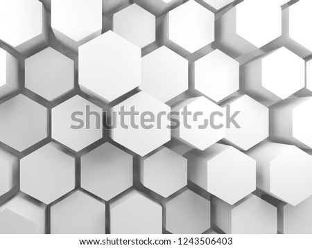 Abstract blank white interior background with hexagon blocks on wall, 3d render illustration
