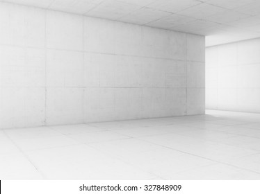 Abstract Blank White Space Of Empty White Room With White Concrete Walls. Modern White Concrete Background.