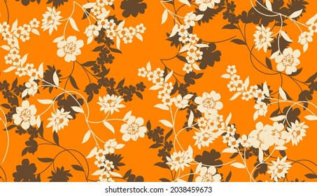 Abstract Blossom Flowers Silhouettes Textured Background Seamless Pattern Trendy Fashion Colors Perfect Bright Colors Perfect for Fabric Print or Wrapping Paper Orange Ecru Tones