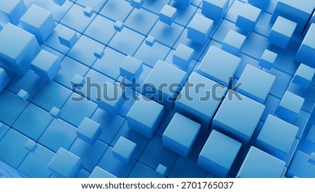 Abstract Blue 3D Cubes Grid: Ideal for representing organized data storage, blockchain technology, construction, or stable digital systems.