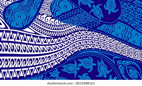 Abstract blue background featuring intricate tribal patterns, geometric shapes, and stylized sea turtle motifs.