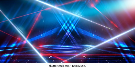 Abstract blue background with neon light, tunnel, corridor, red laser beams, smoke, rays, lines. Product showcase spotlight background. Clean photographer studio. Abstract blue background 