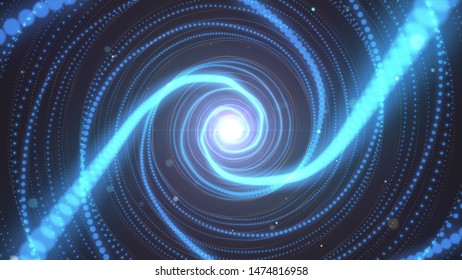 Abstract blue background. Neon lights. Glowing tunnel. Bright vibrant dots. laser illumination. 