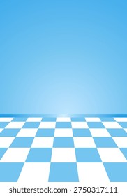 Abstract blue background with perspective checkered floor and soft gradient wall. Minimal geometric stage or studio backdrop with blue and white tiles, creating a clean modern platform for product display, presentation, or promotional design.