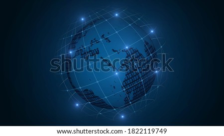 Abstract blue binary world map on polygonal space background in a grid sphere with connected points and lines. Global business or internet concept - 3D-illustration
