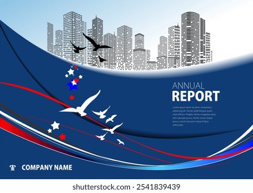 Abstract blue business annual report cover page design with a cityscape and birds flying. No AI - Powered by Shutterstock