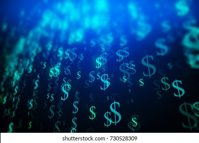 Abstract Blue Dollar Sign Stream Background. Digital Money Concept. 3D Rendering 